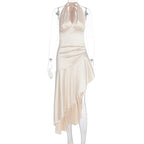 Damen elegantes Wickelkleid mit asymmetrischem Schnitt und Halterhals R&B