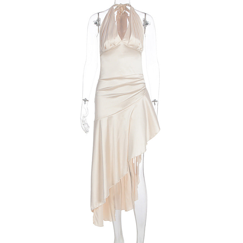 Damen elegantes Wickelkleid mit asymmetrischem Schnitt und Halterhals R&B