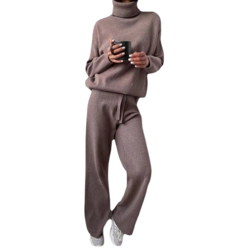 Damen elegantes Strick-Loungewear-Set mit hohem Kragen und weitem Bein R&B