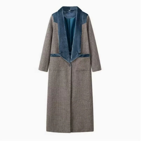 Damen eleganter langärmliger Mantel mit samtigen Akzenten R&B