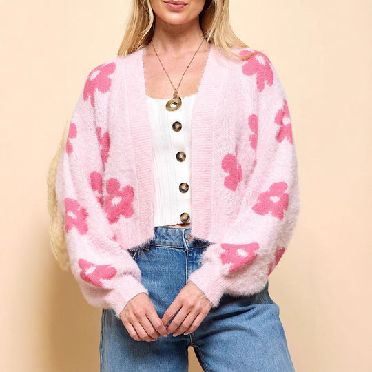 Damen Flauschiger Cardigan mit Blumenmuster R&B