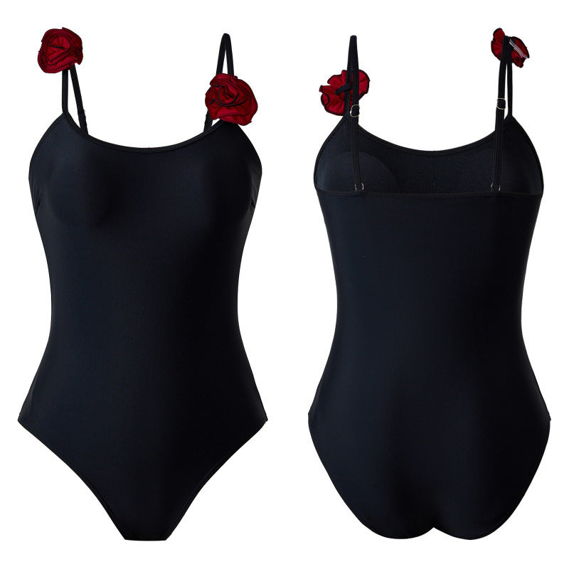 Damen Einteiler Badeanzug mit dekorativen Blumenapplikationen und elegantem Wickelrock R&B