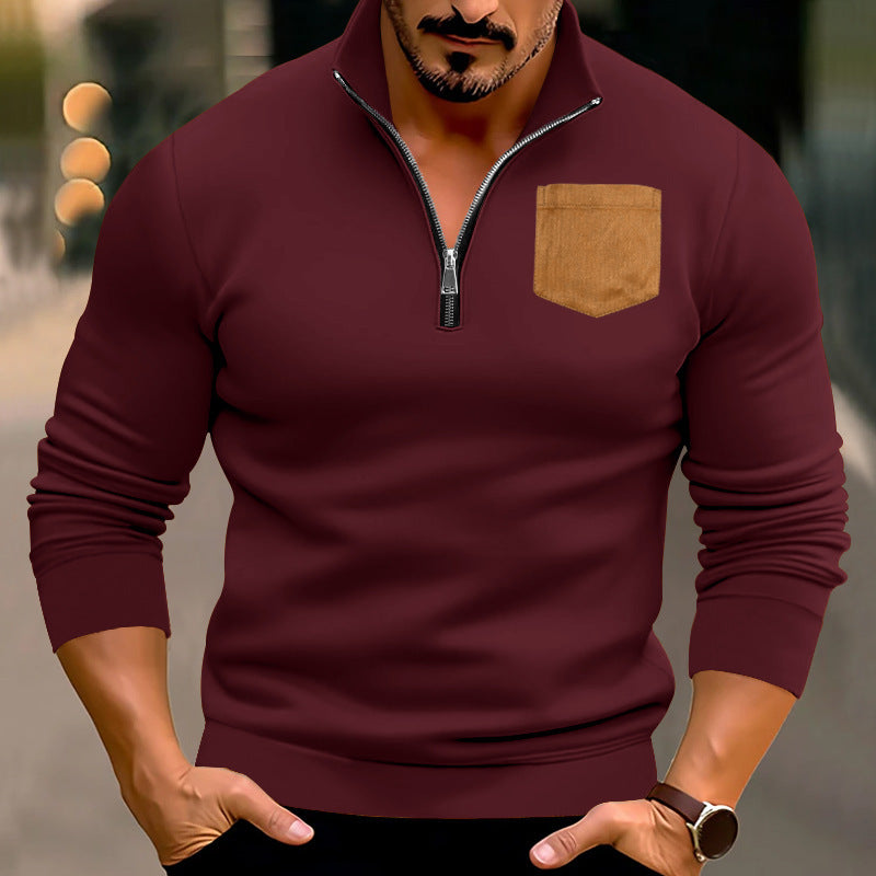 Herren modischer Pullover mit halbem Reißverschluss und kontrastierender Brusttasche R&B