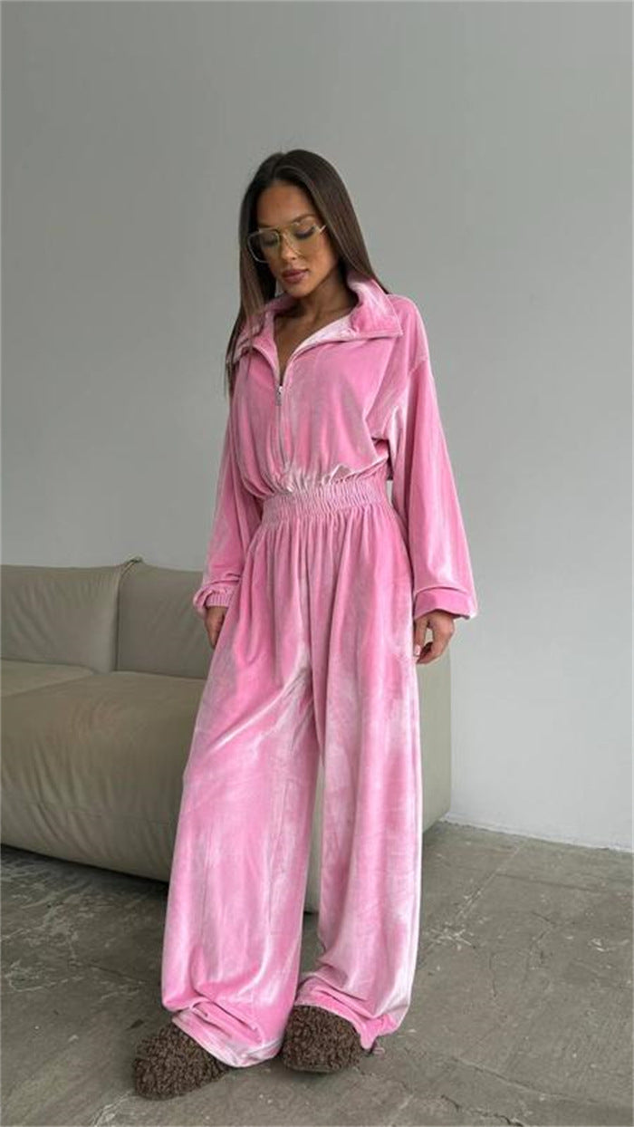 Damen Eleganter Fleece-Jumpsuit mit hohem Kragen und weit geschnittenen Beinen R&B