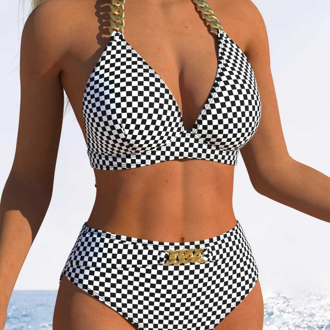 Damen Bikini-Set mit stilvollem Karomuster und goldfarbenen Akzenten R&B