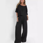 Damen lässiges Leinen-Set mit weitem Oberteil und palazzo Hosen