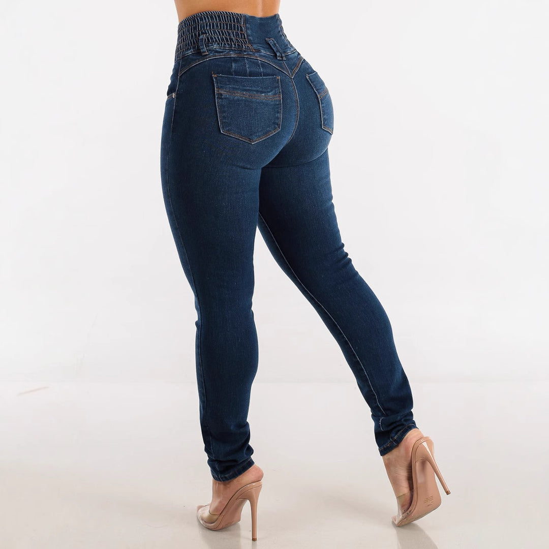 Damen Slim Fit Jeanshose mit elastischem Bund und Knopfverschluss R&B