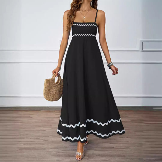 Damen Lange Maxi-Kleid mit Spaghetti-Trägern und dekorativem Saum R&B