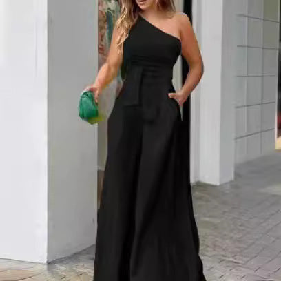 Damen Eleganter One-Shoulder Jumpsuit mit weitem Bein und Taillengürtel R&B