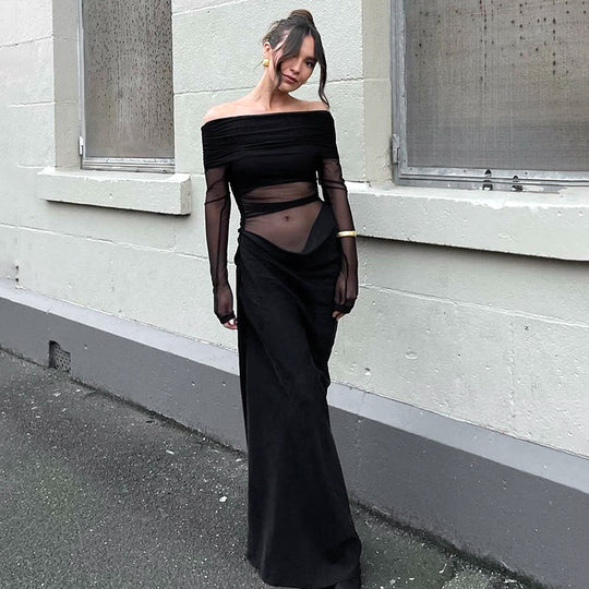 Damen Maxikleid mit schulterfreiem Design und fließendem Stoff R&B