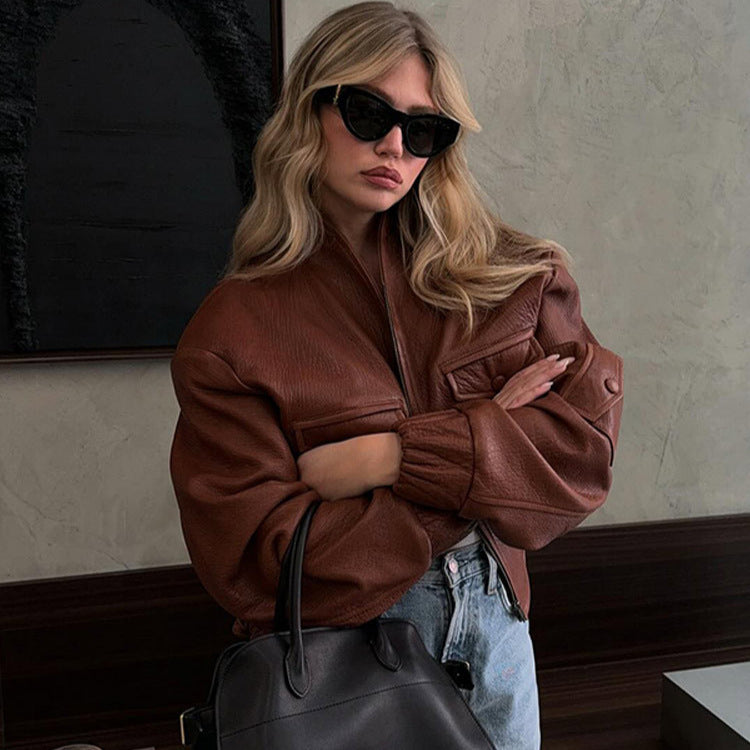 Damen Modische Kunstlederjacke mit einzigartigen Taschen und elastischen Rippabschlüssen R&B