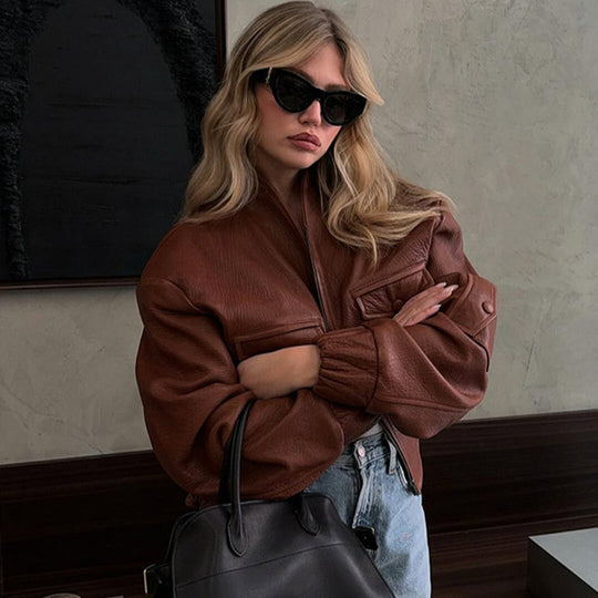 Damen Modische Kunstlederjacke mit einzigartigen Taschen und elastischen Rippabschlüssen R&B