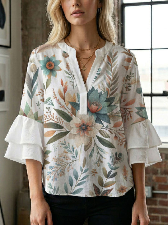 Damen Blusenshirt mit voluminösen Ärmeln und kreativem Druckdesign R&B