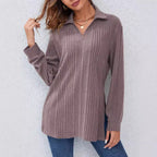 Damen Langarm Shirt mit strukturiertem V-Ausschnitt und schmalen Rippdetails R&B