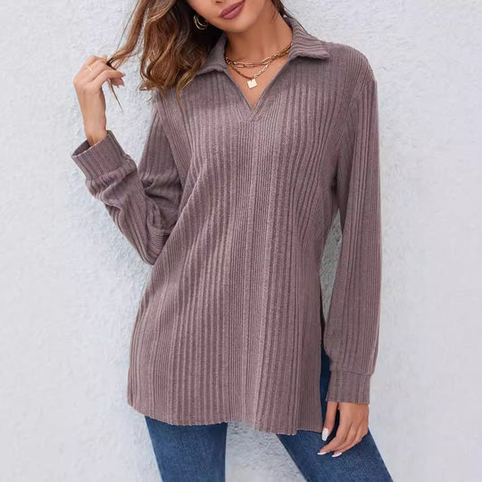 Damen Langarm Shirt mit strukturiertem V-Ausschnitt und schmalen Rippdetails R&B
