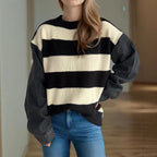 Damen lässiger Strickpullover mit auffälligem Blockstreifenmuster und weiten Ärmeln R&B