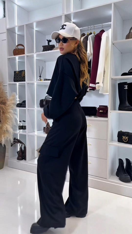 Damen lässiges Cargo-Loungewear-Set mit cropped Oberteil und weitem Bein R&B