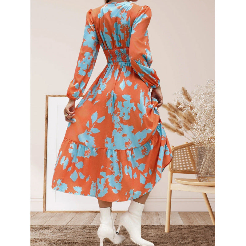 Damen Langarm Maxikleid mit floralen Mustern und voluminösen Ärmeln R&B
