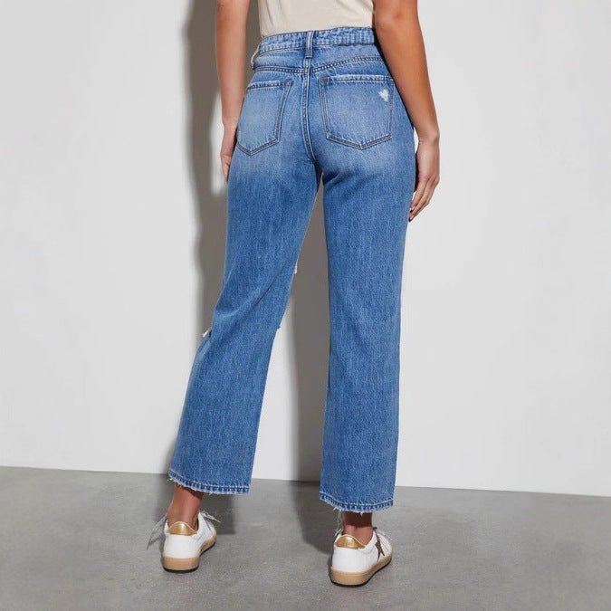 Damen High-Waist Jeans mit ausgefranstem Saum und Rissdetails