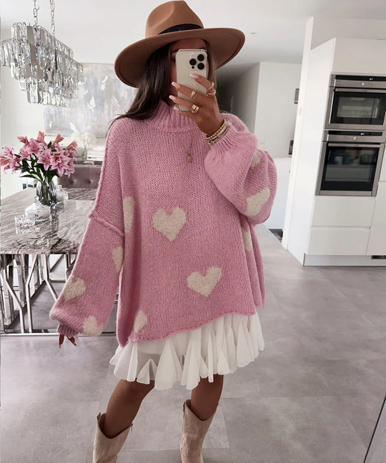 Damen grob gestrickter Pullover mit Herzmotiven und lässigem Schnitt R&B