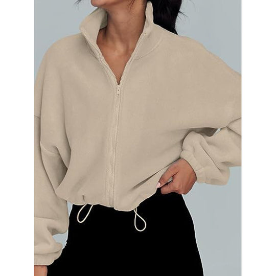 Damen trendy Oversize-Zip-Pullover mit hohem Kragen und Kordelzug R&B