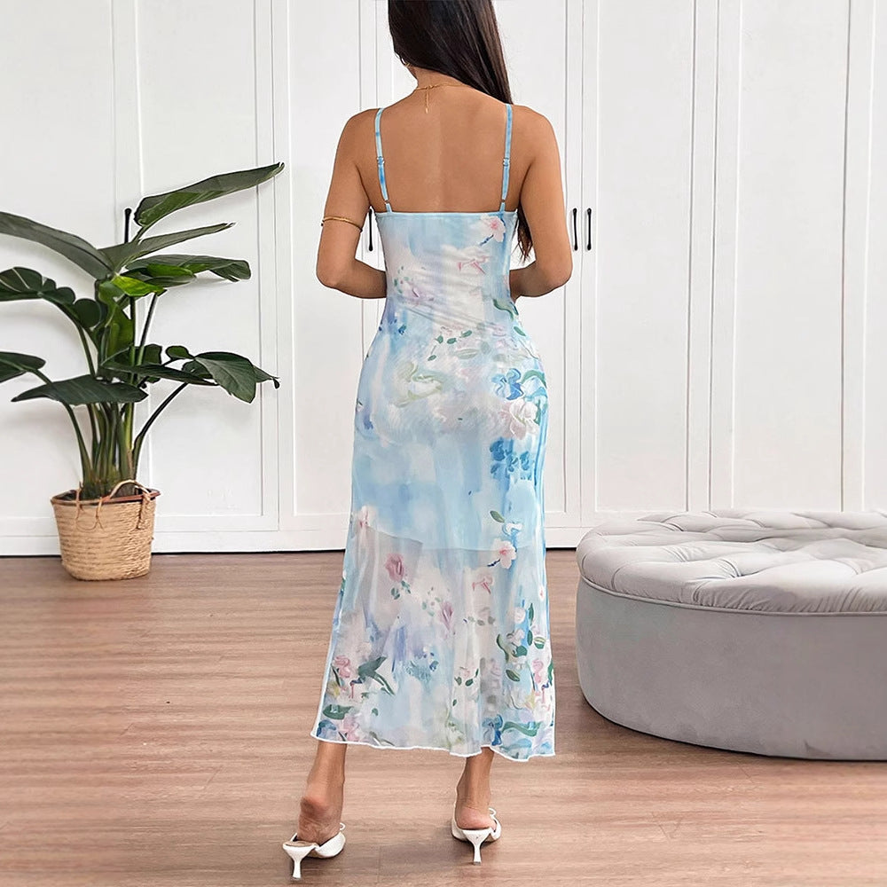Damen fließendes Maxikleid mit Spaghettiträgern und floralem Druck R&B