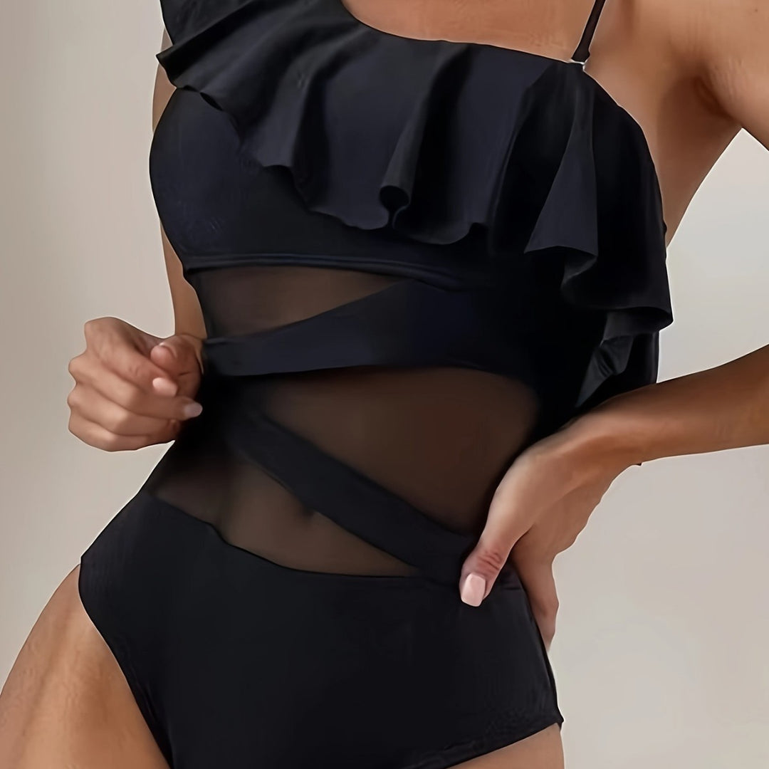 Damen Einteiler Badeanzug mit asymmetrischem Rüschendesign und eleganten Cut-Out-Details R&B