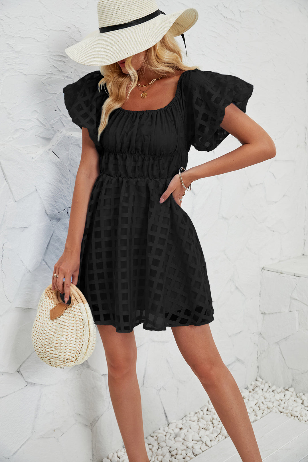 Damen Sommerkleid mit luftigen Puffärmeln und verspieltem Karo-Muster R&B