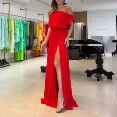 Damen Langärmeliges Kleid mit seitlichem Schlitz und off-shoulder Design R&B