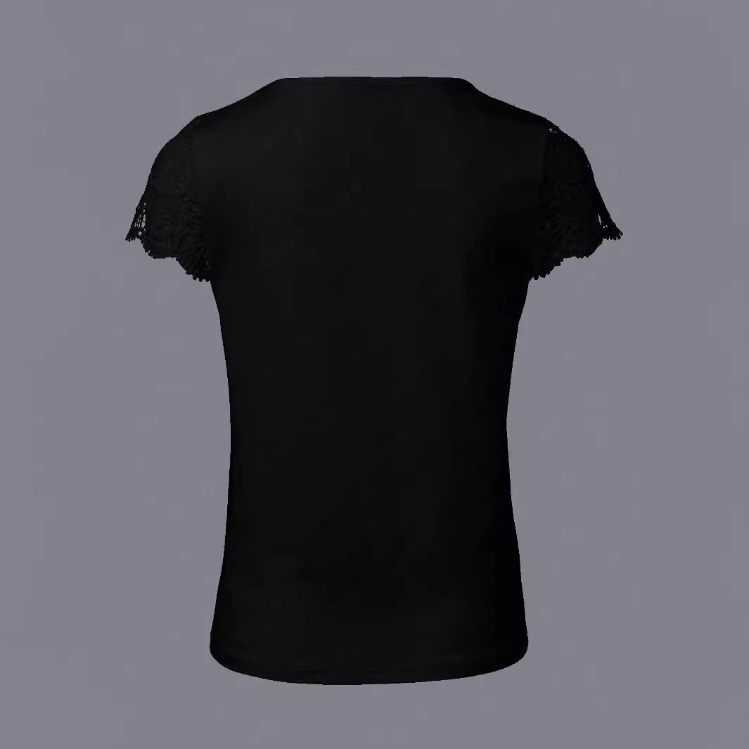Damen V-Ausschnitt T-Shirt mit Spitzenärmeln R&B