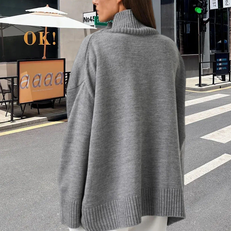 Damen Strickpullover mit hohem Kragen und weitem Schnitt R&B