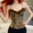 Damen Top mit Leopardenmuster und elegantem Fellbesatz R&B