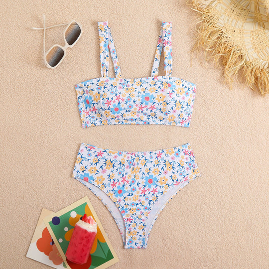 Damen Zweiteiliges Crop-Top Bikini-Set mit floralem Design und breiten Trägern R&B