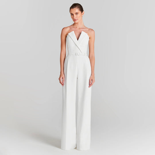 Damen eleganter Jumpsuit mit transparenten Ärmeln und Perlenverzierung R&B