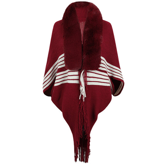 Damen eleganter Strickponcho mit kunstfellbesetztem Kragen und Fransen R&B