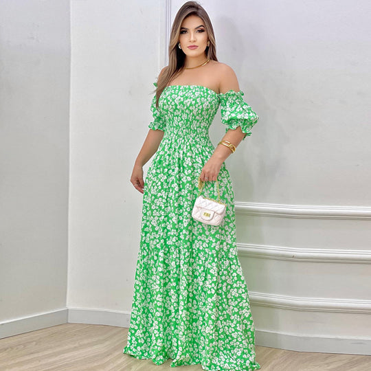 Damen Off-Shoulder Maxikleid mit voluminösen Puffärmeln und nostalgischer Raffung R&B