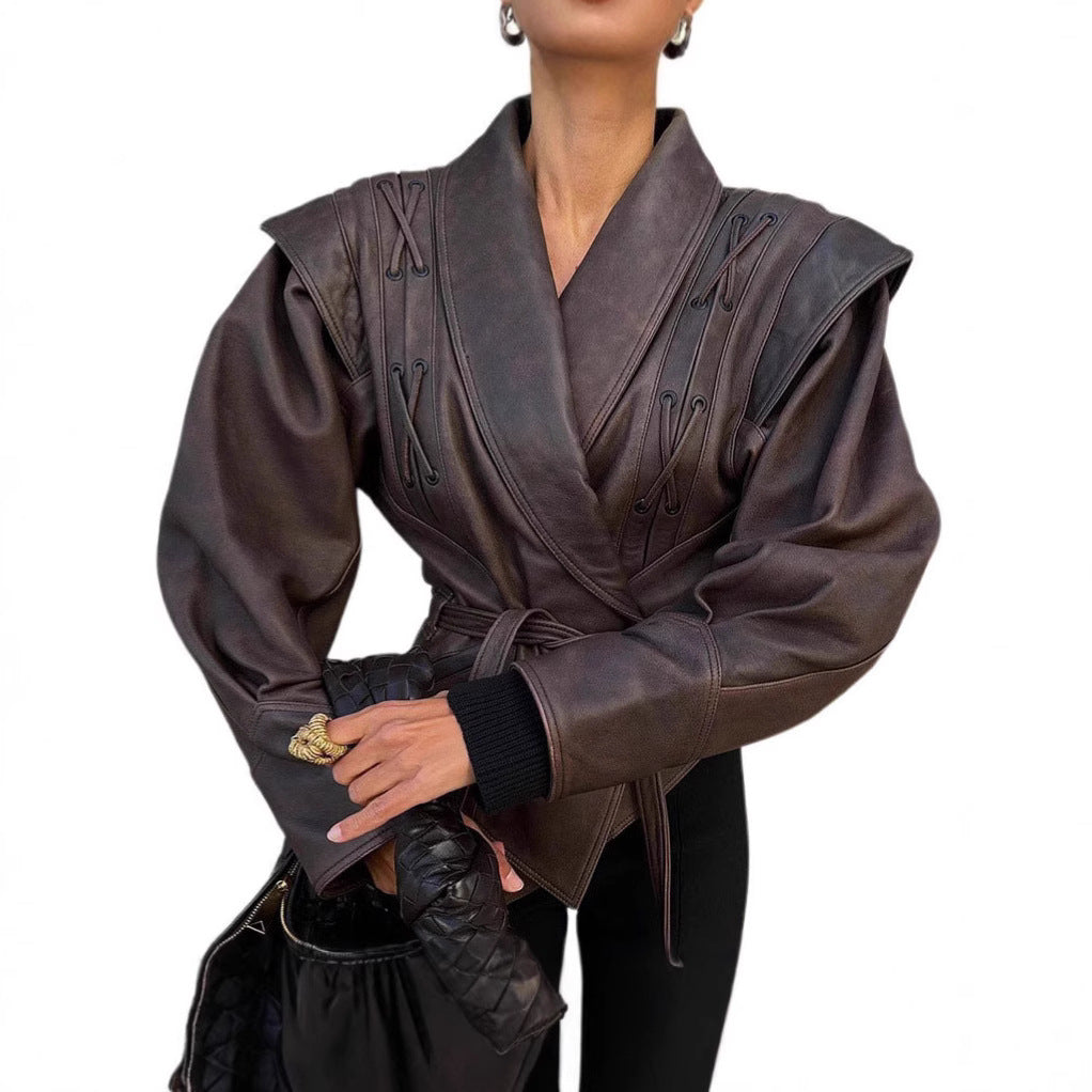Damen Designer blazer mit Gürtel und dekorativen Schnüroptiken R&B