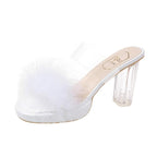 Damen Glamouröse Sommer Mules mit transparentem Riemen und plüschiger Verzierung R&B