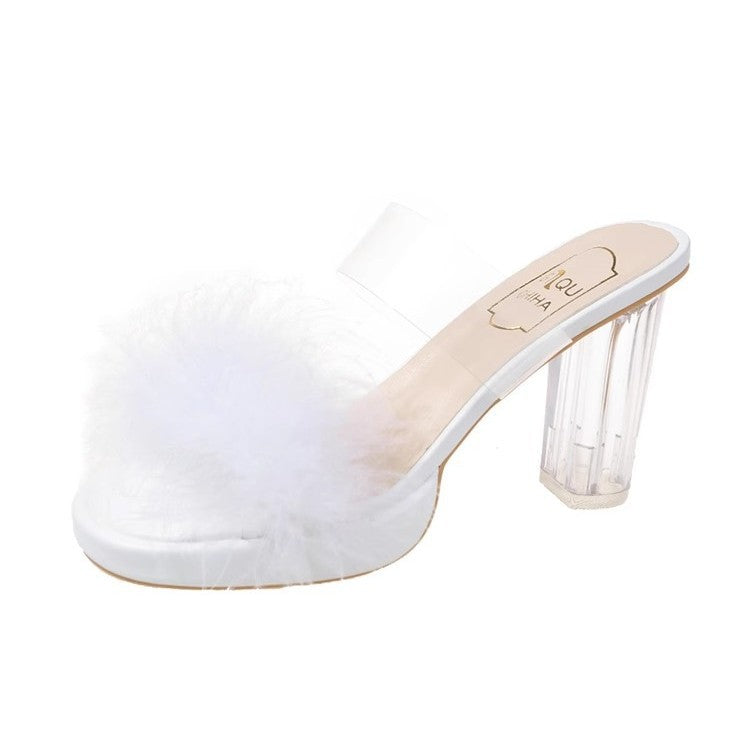 Damen Glamouröse Sommer Mules mit transparentem Riemen und plüschiger Verzierung R&B