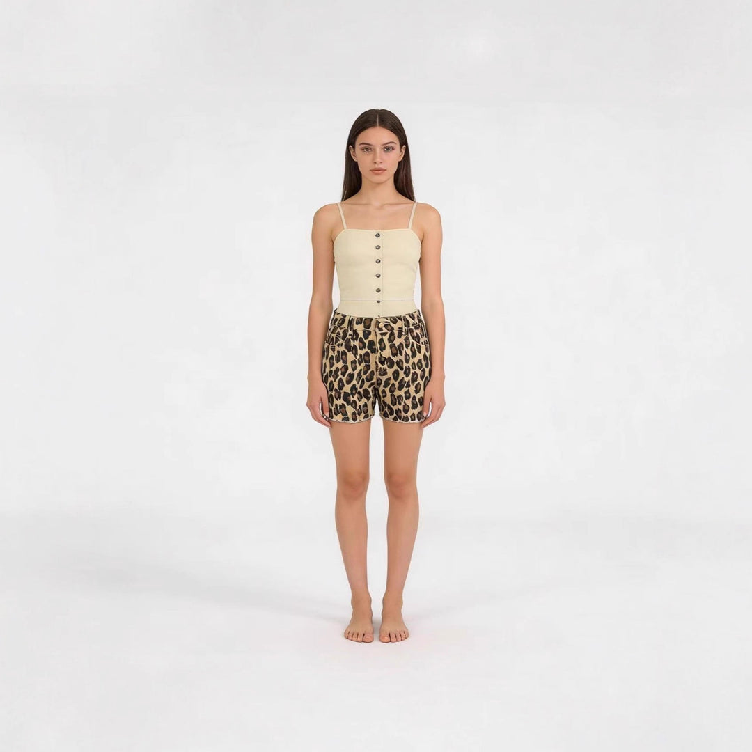 Damen lässige Leo-Shorts mit fransigem Saum und hohen Taschen R&B