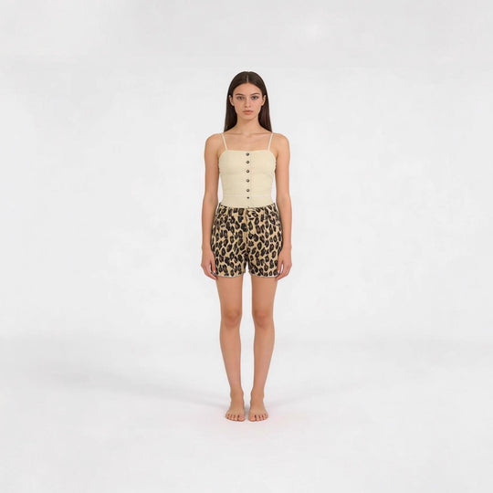 Damen lässige Leo-Shorts mit fransigem Saum und hohen Taschen R&B