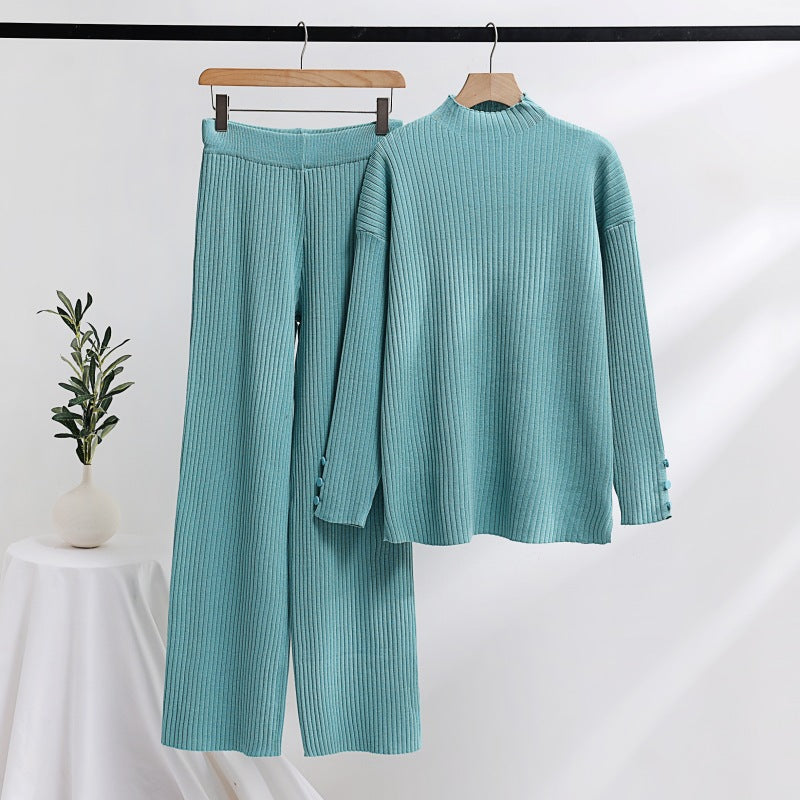 Damen lässiger Strickanzug mit Stehkragen und Knopfdetails R&B