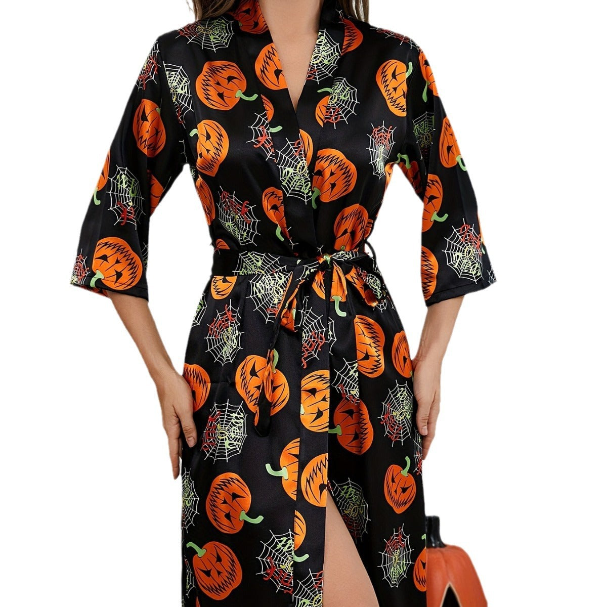 Damen-Halloween-Themen-Satin-Robe mit Gürtel R&B