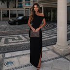 Damen elegantes Off-Shoulder Maxikleid mit hohem Schlitz und figurbetontem Schnitt R&B