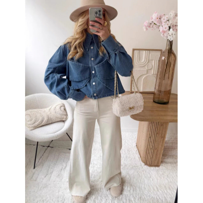 Damen stylische cropped Denimjacke mit praktischen Taschen R&B