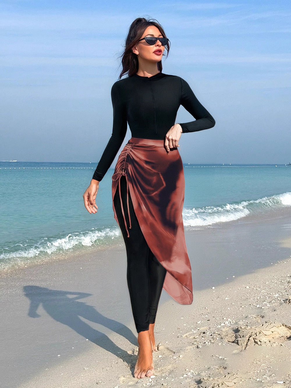 Damen Kombinierter Langarm-Schwimmanzug mit asymmetrischem Rock R&B
