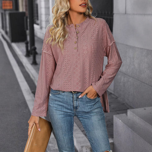 Damen Oberteil mit dekorativem Lochmuster und Knopfdetails R&B