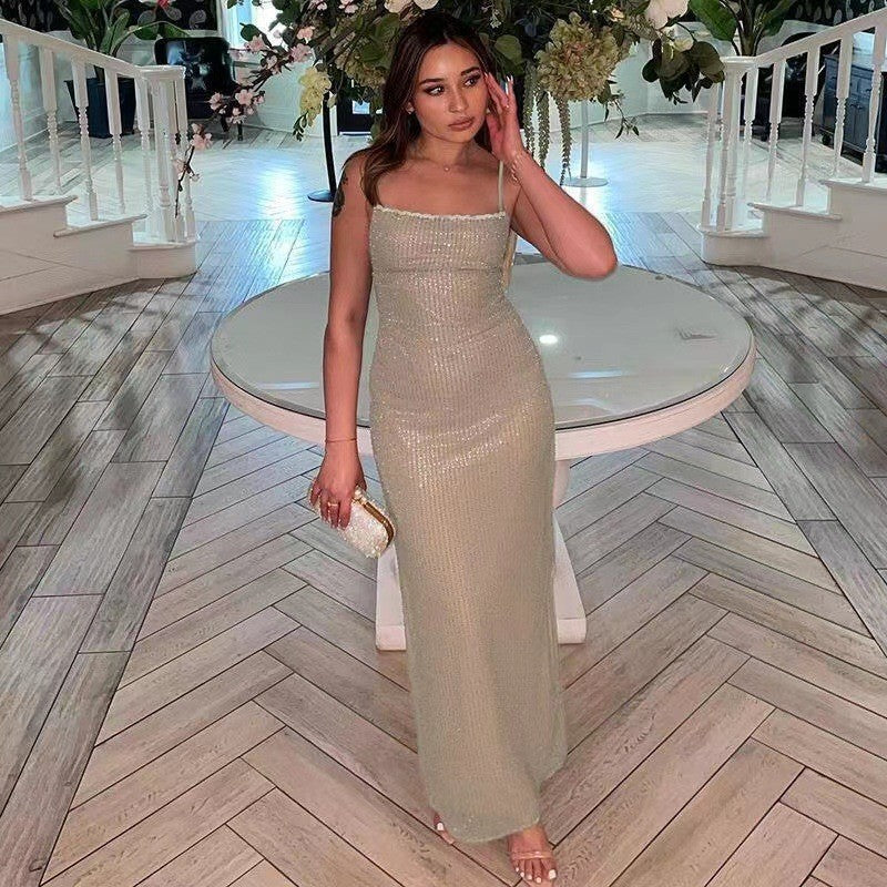 Damen Figurbetontes Maxikleid mit glitzerndem Effekt und schulterfreiem Design R&B