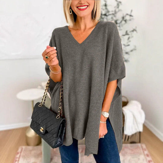 Damen lässiger Strickponcho mit V-Ausschnitt und übergroßem Schnitt R&B