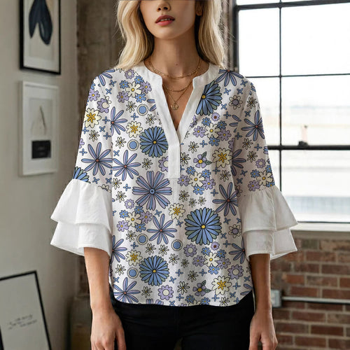 Damen Bluse mit voluminösen Ärmeln und floralem Design R&B